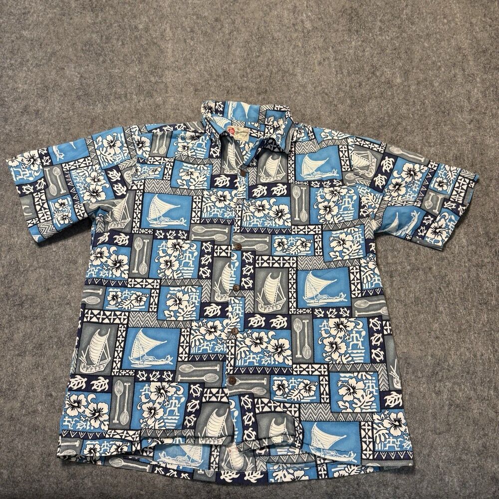 Vintage Hilo Hattie Hawaiian Shirt Mens XL Blue Patchwork Geometric Tribal Aloha
